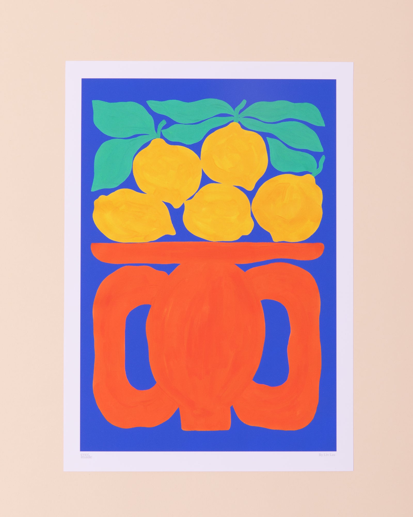Colourful art print of an illustration of a fruit bowl with lemons