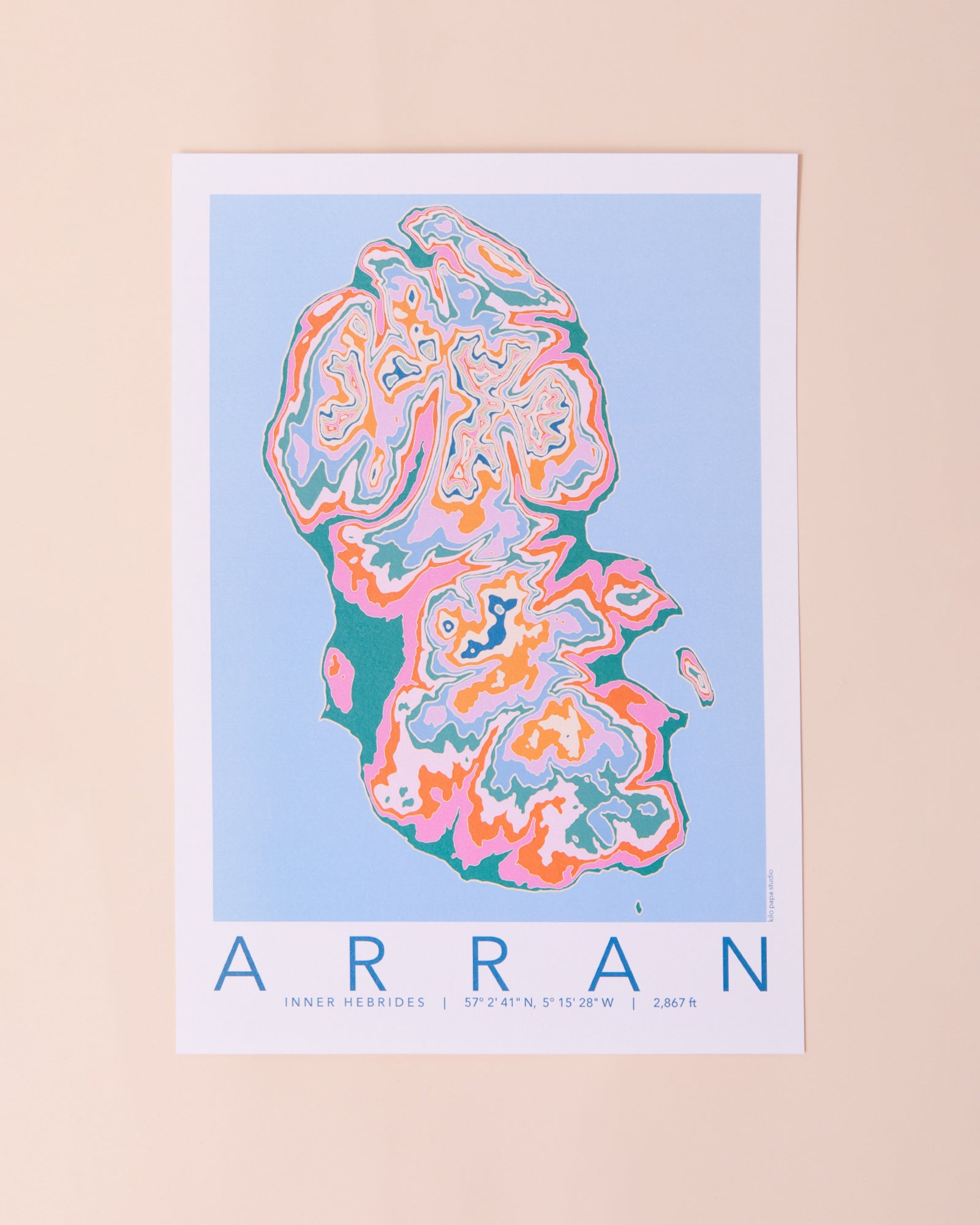 Colourful topography print of the island of Arran