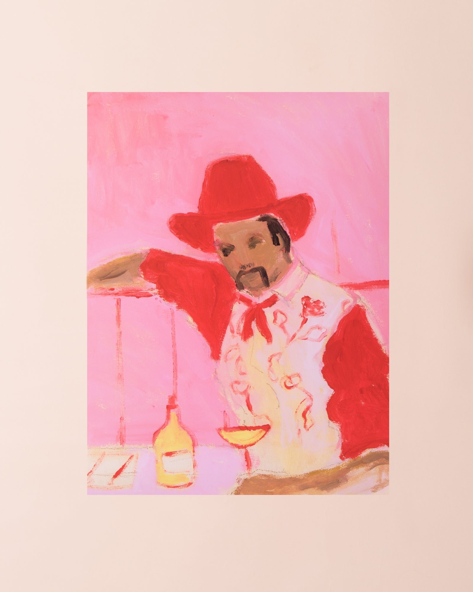 Art print of Maria Murphy original painting with a cowboy wearing red drinking a glass of wine