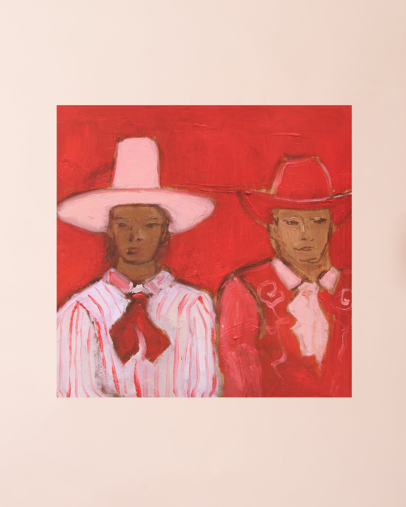 Art print of Maria Murphy original painting with a couple wearing pink and red cowboy hats