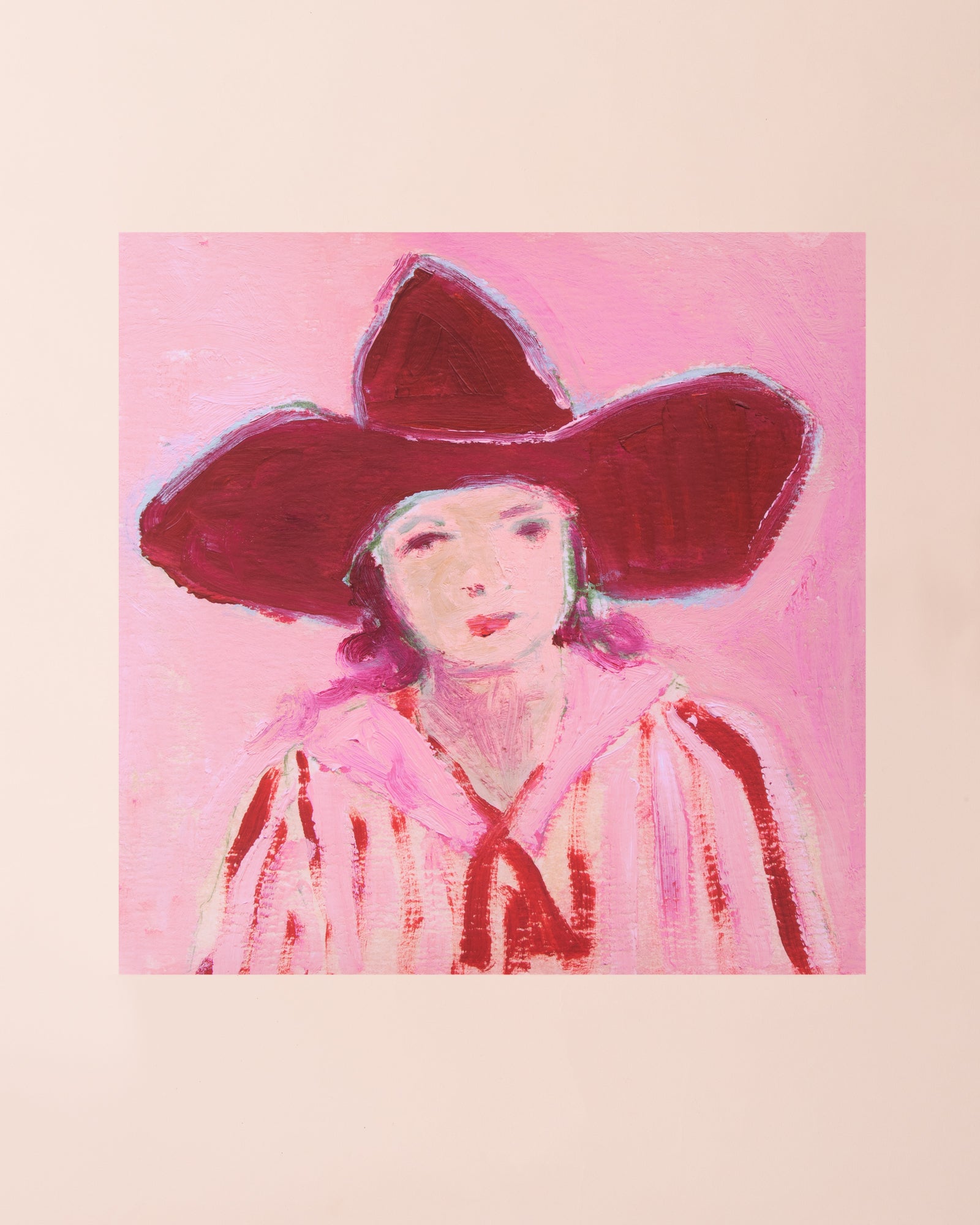 Art print of Maria Murphy original painting with a woman wearing a cowboy hat dressed in pink and red
