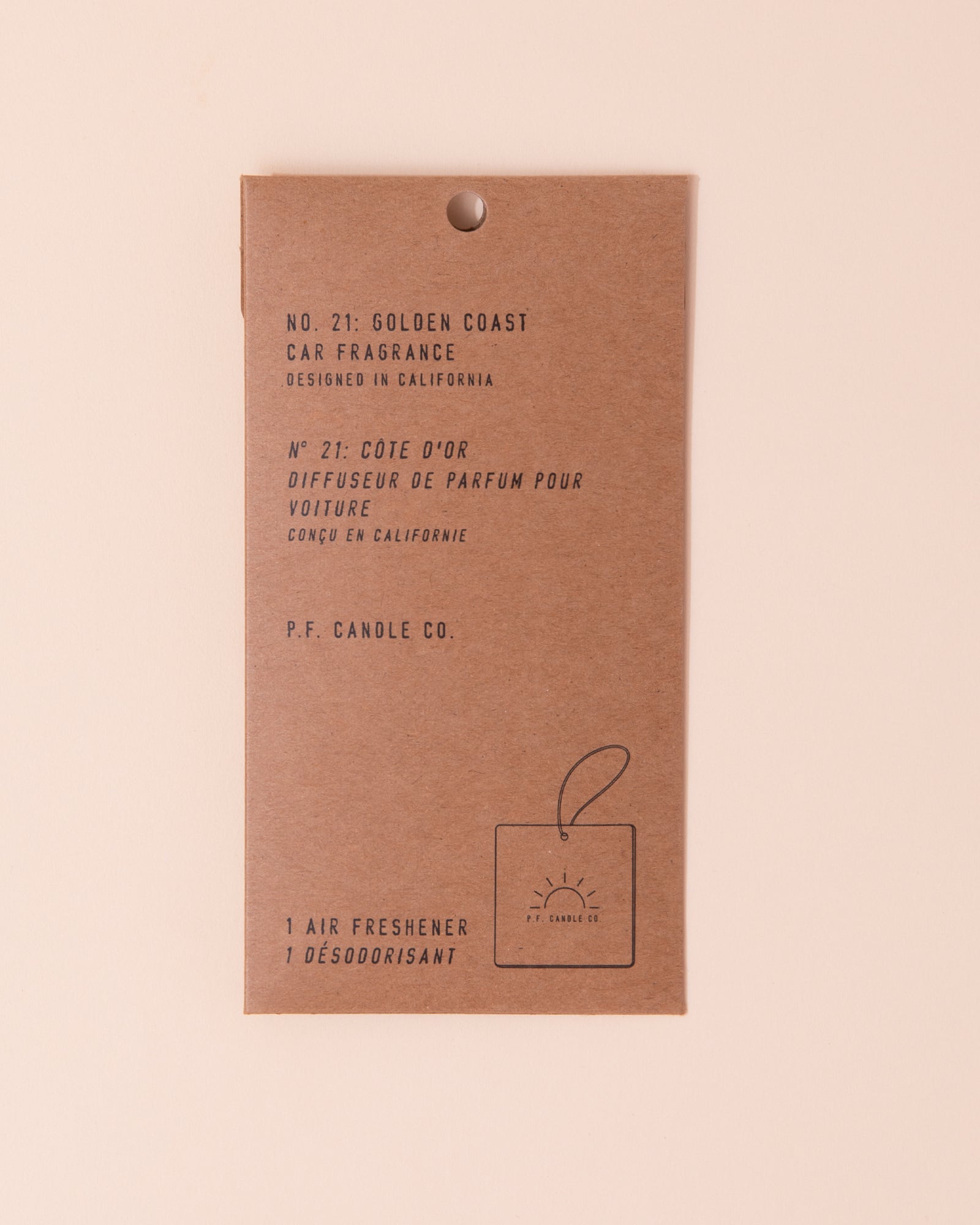 Car air freshener by P.F Candle in brown kraft packaging
