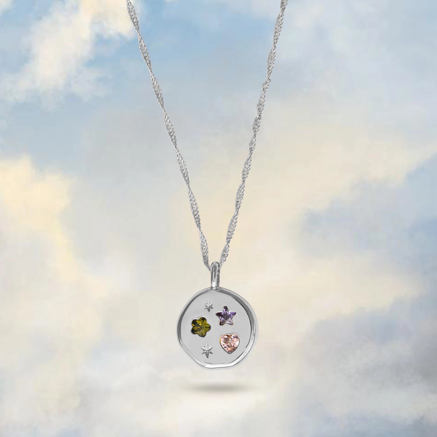 Junk jewels silver circle necklace with colourful jewels 