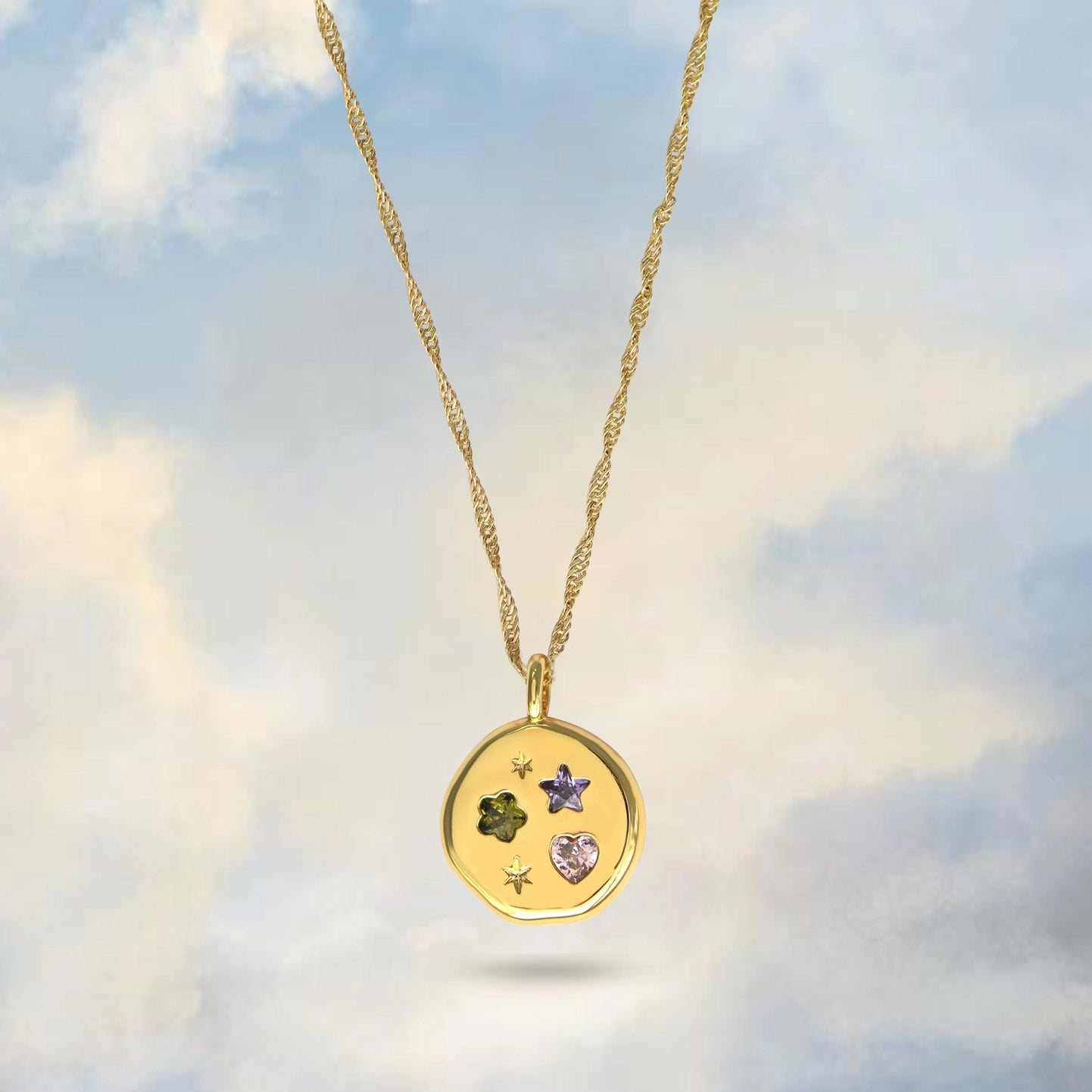 Junk jewels gold circle necklace with colourful jewels 