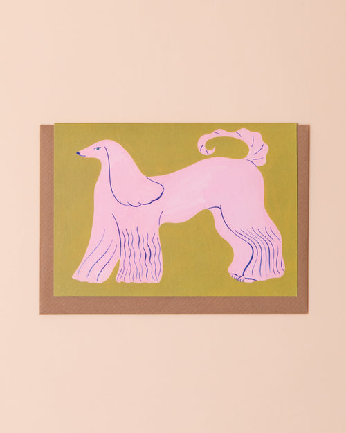 Colourful greetings card with an illustration of a pink Afghan hound on a green background