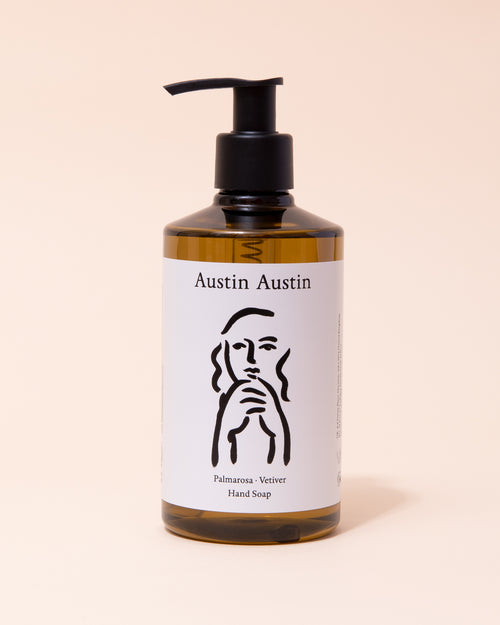 Austin Austin organic palmarosa and vetiver hand soap in black, white and amber bottle