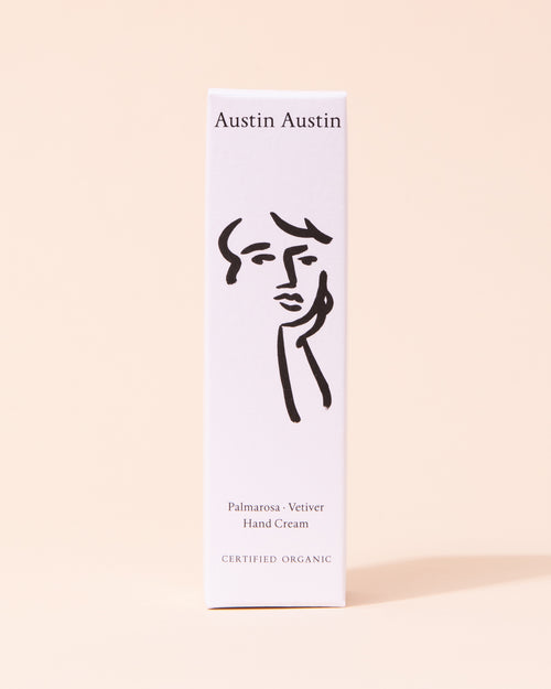 Black and white box of Austin Austin hand cream