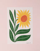 Art print of a sunflower. yellow and green flower on cream background