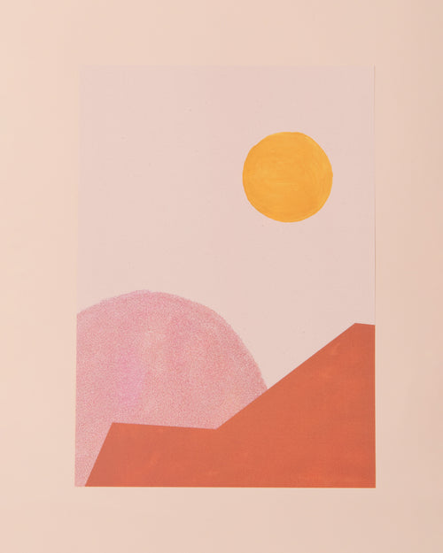 Colourful art print of a landscape with a yellow sun