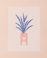 Colourful art print of a blue plant in a pink pot
