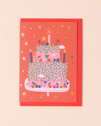 Colourful greetings card with an illustration of a birthday cake with lots of candles