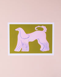 Colourful A3 art print of a pink Afghan hound on a green background