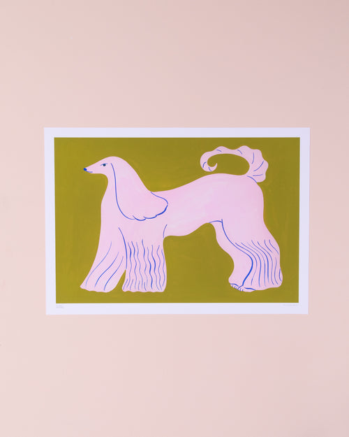 Colourful A3 art print of a pink Afghan hound on a green background