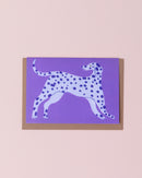 Evermade illustrated greetings card with a brown kraft envelope. Dalmatian dog with blue spots on a purple background.