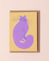Colourful greetings card with an illustration of a purple cat on yellow background