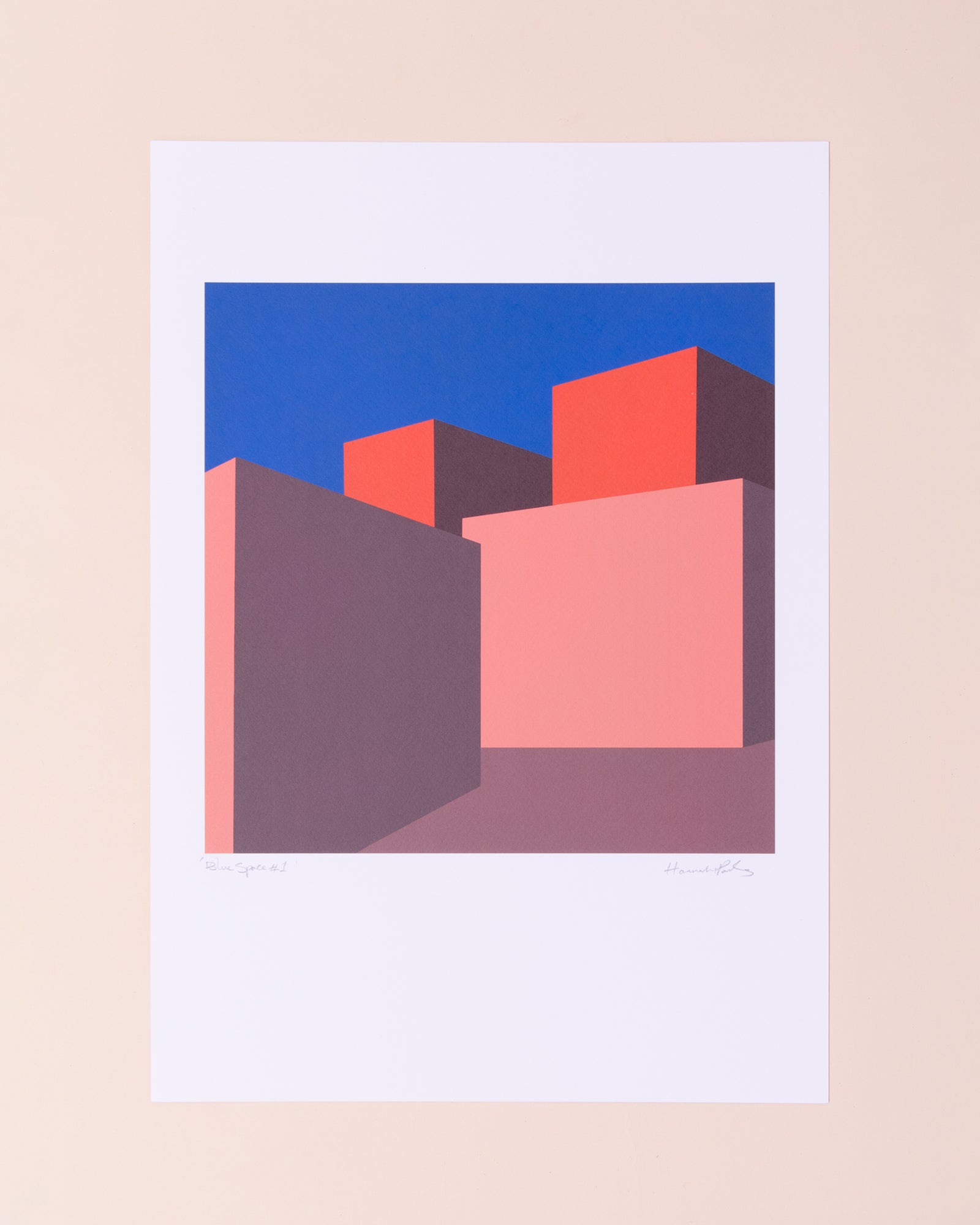 Colourful A3 print of blue and red building by artist Hannah Parkes