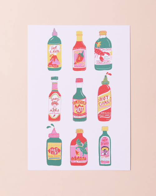 Art print of an illustration of hot sauce bottles by artist Laura Barnes