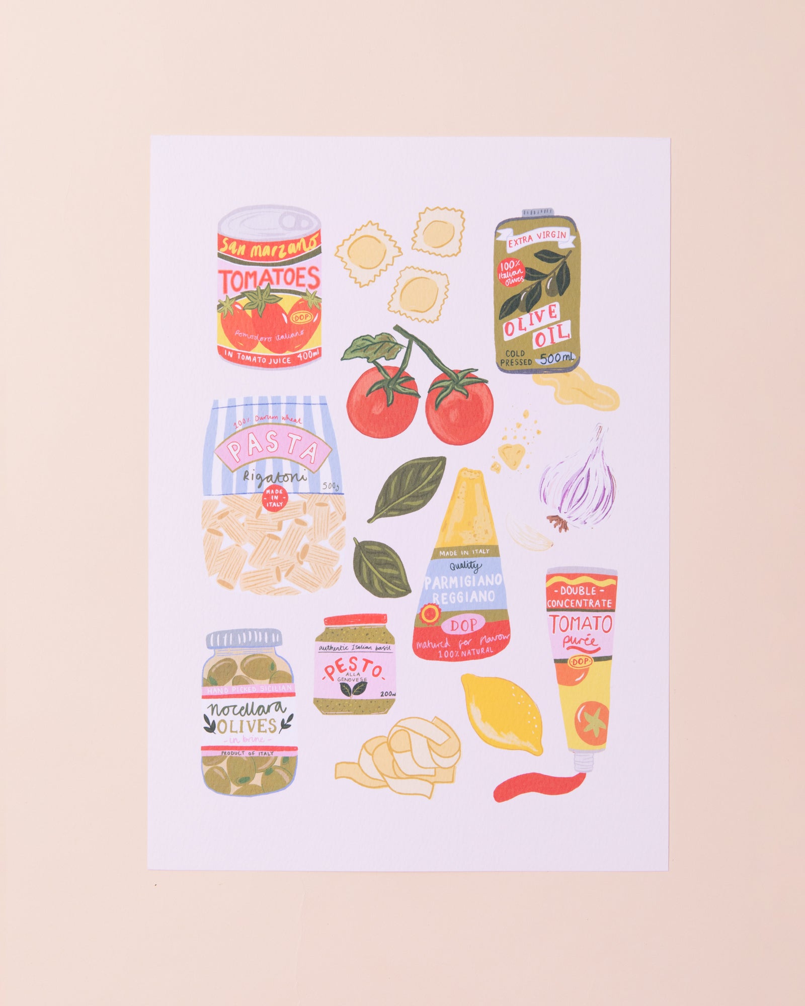 Art print of an illustration of Italian food ingredients by artist Laura Barnes