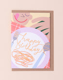 Birthday greetings card with a happy person eating spaghetti