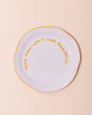 Ceramic side plate with yellow statement slogan These Dishes Won't Wash Themselves