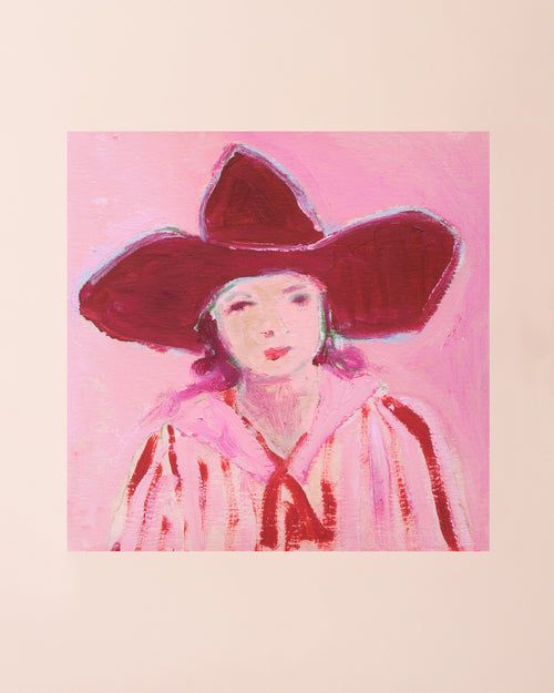 Art print of Maria Murphy original painting with a woman wearing a cowboy hat dressed in pink and red