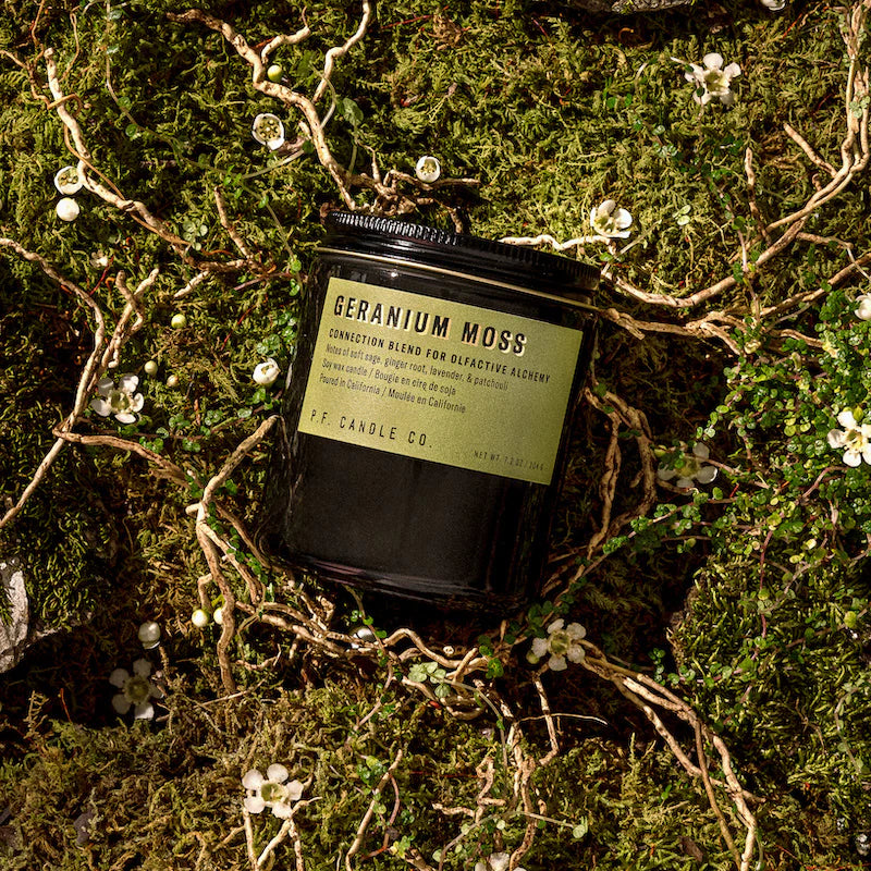 P.F Candle Geranium Moss in a black jar