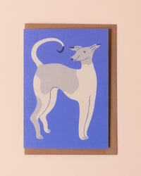 Greetings card with an illustration of a whippet dog on a blue background